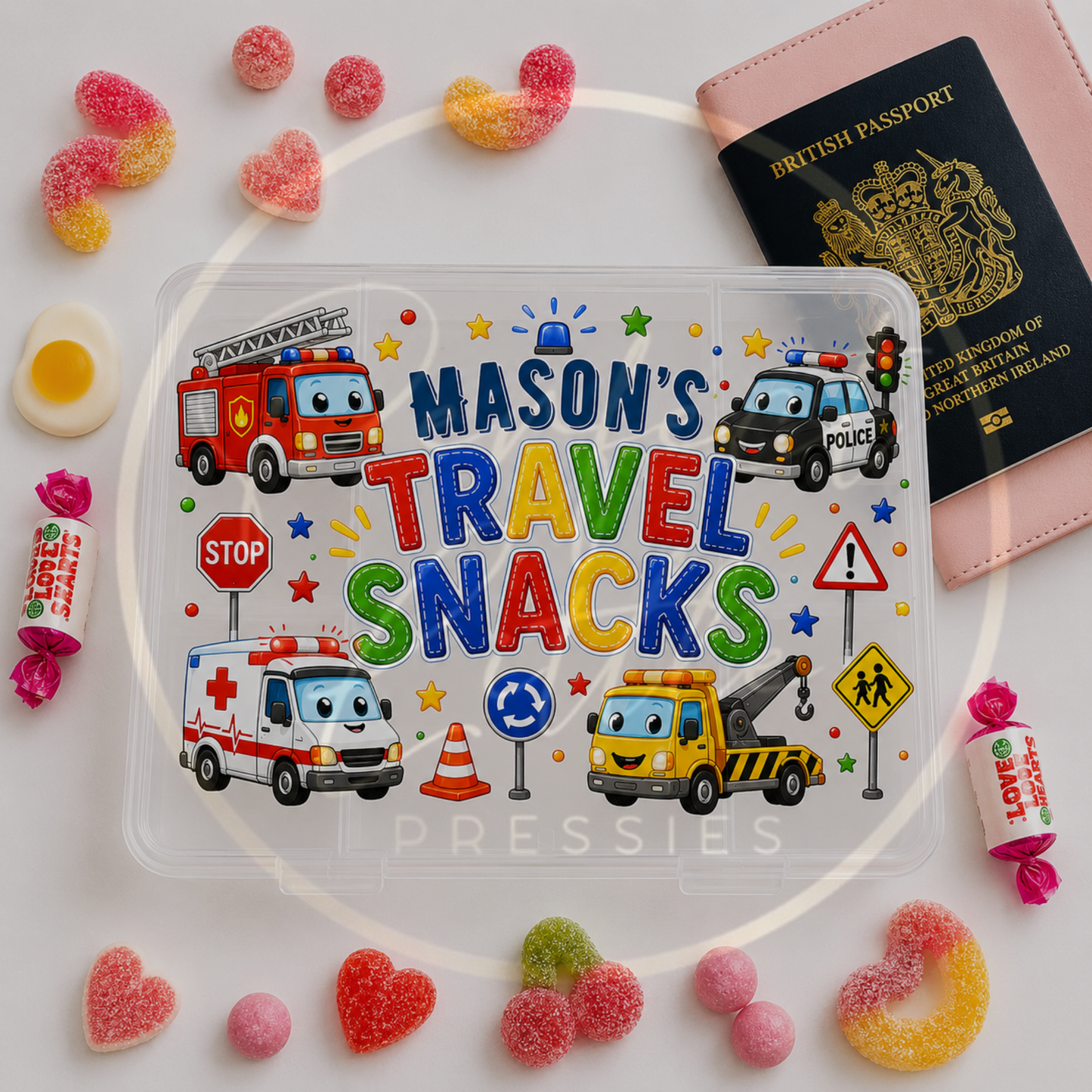 CUSTOM ADHESIVE DECAL - Emergency Services Cartoon Travel Snacks