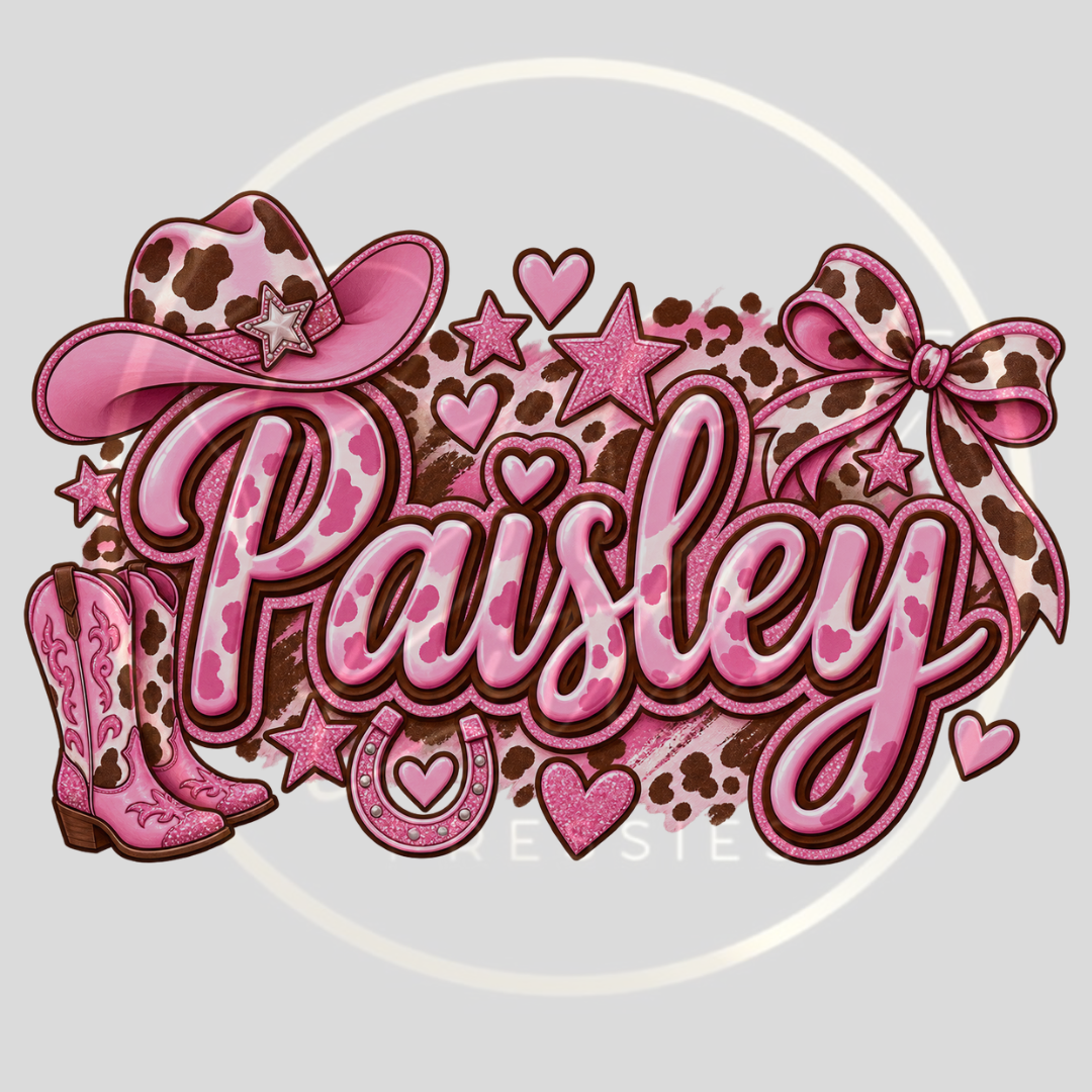 CUSTOM ADHESIVE DECAL - Pink Cowgirl Cow Print Name