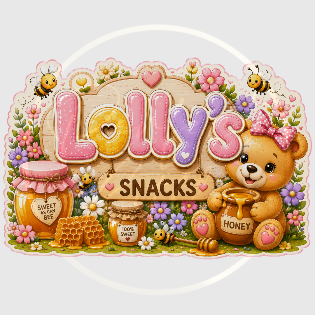 CUSTOM ADHESIVE DECAL - Girly Honey Bear Snacks