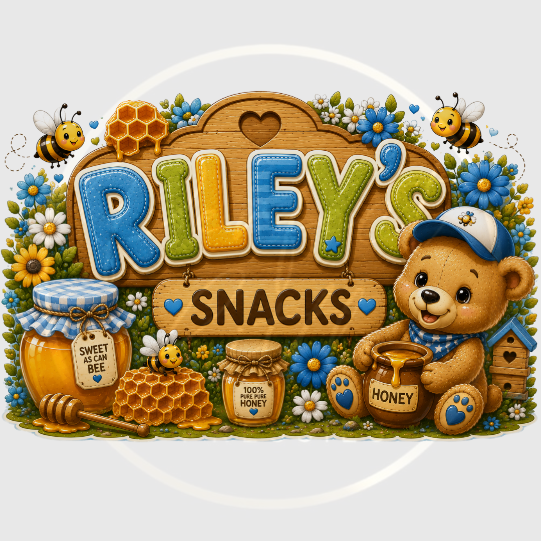 CUSTOM ADHESIVE DECAL - Blue Honey Bear Snacks Name