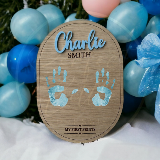 Baby's First Hand Prints - 3D Acrylic/Oak Plaque