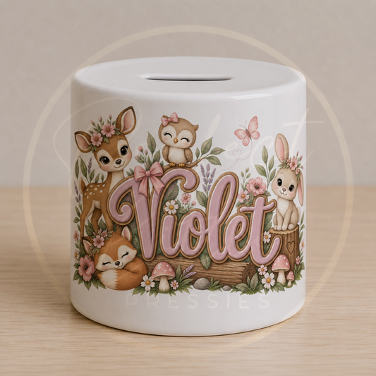 Ceramic Money Jar - Pink Woodland