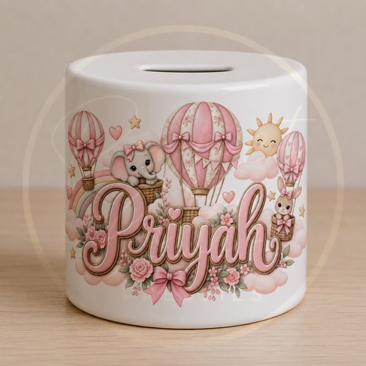 Ceramic Money Jar - Pink Floral Hot Air Balloon