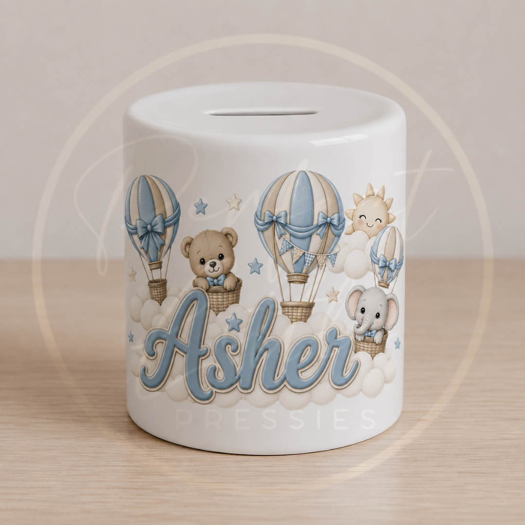 Ceramic Money Jar - Blue Boy Hot Air Baloon