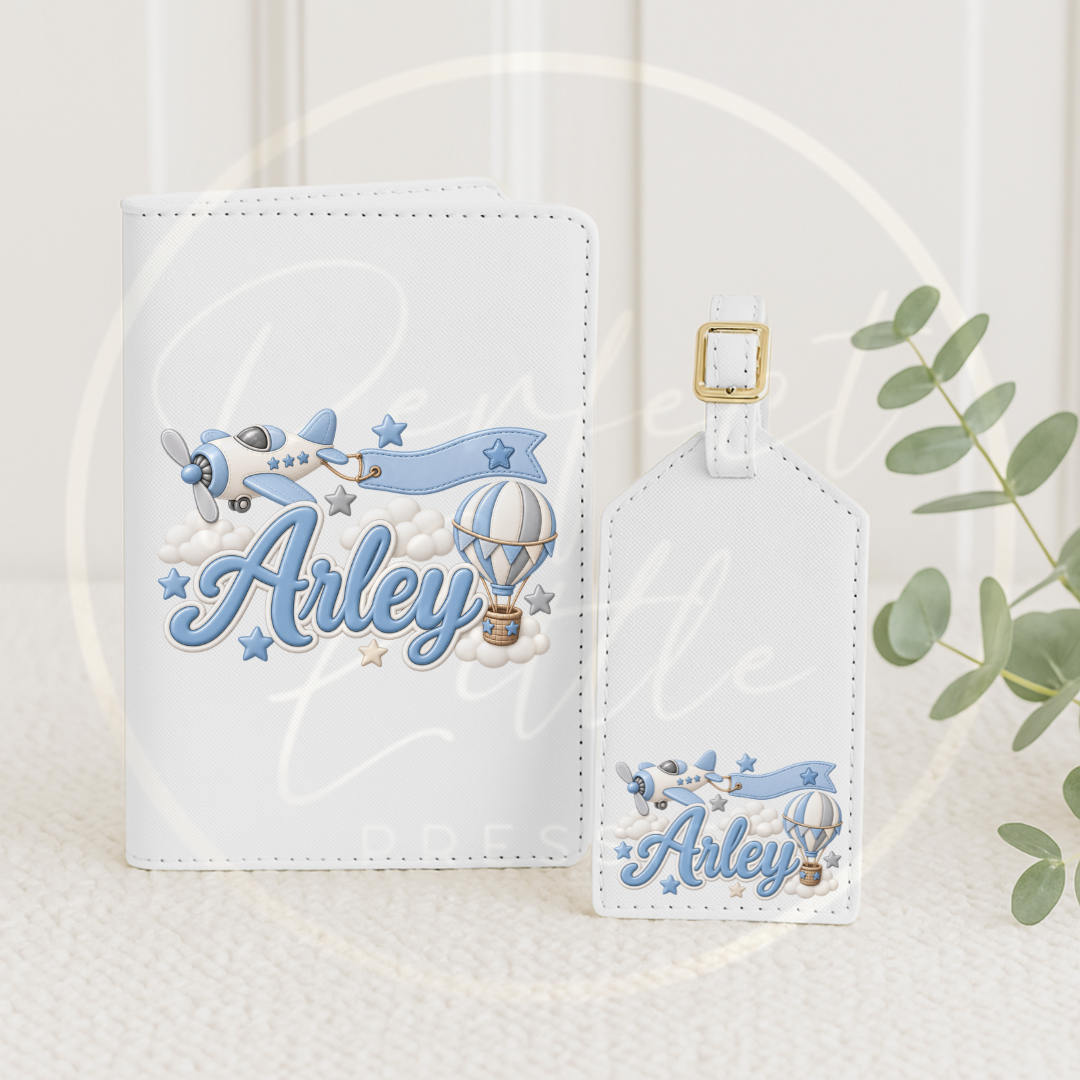 Passport Cover/Luggage Tag Set - Blue Boy Hot Air Balloon