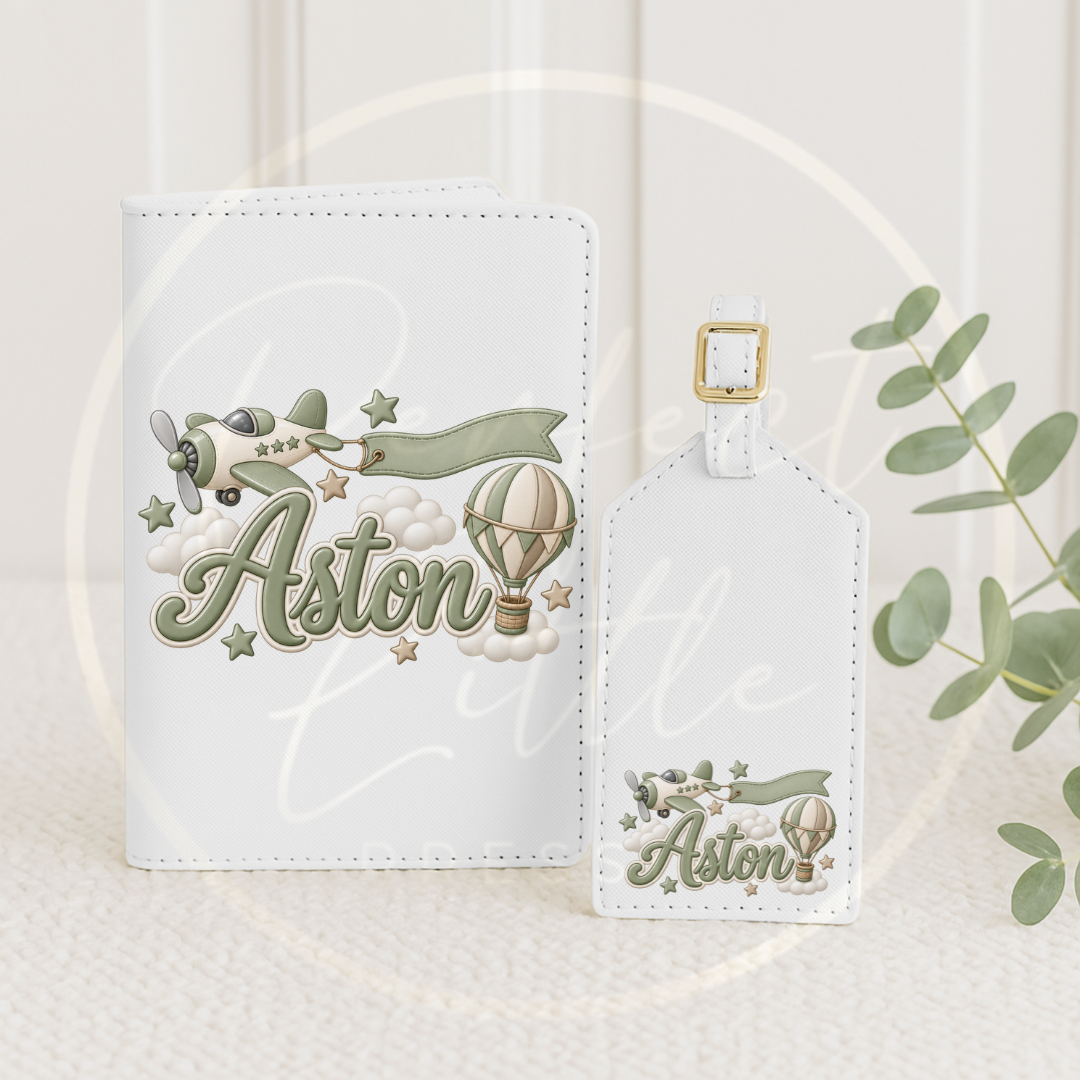 Passport Cover/Luggage Tag Set - Sage Hot Air Balloon