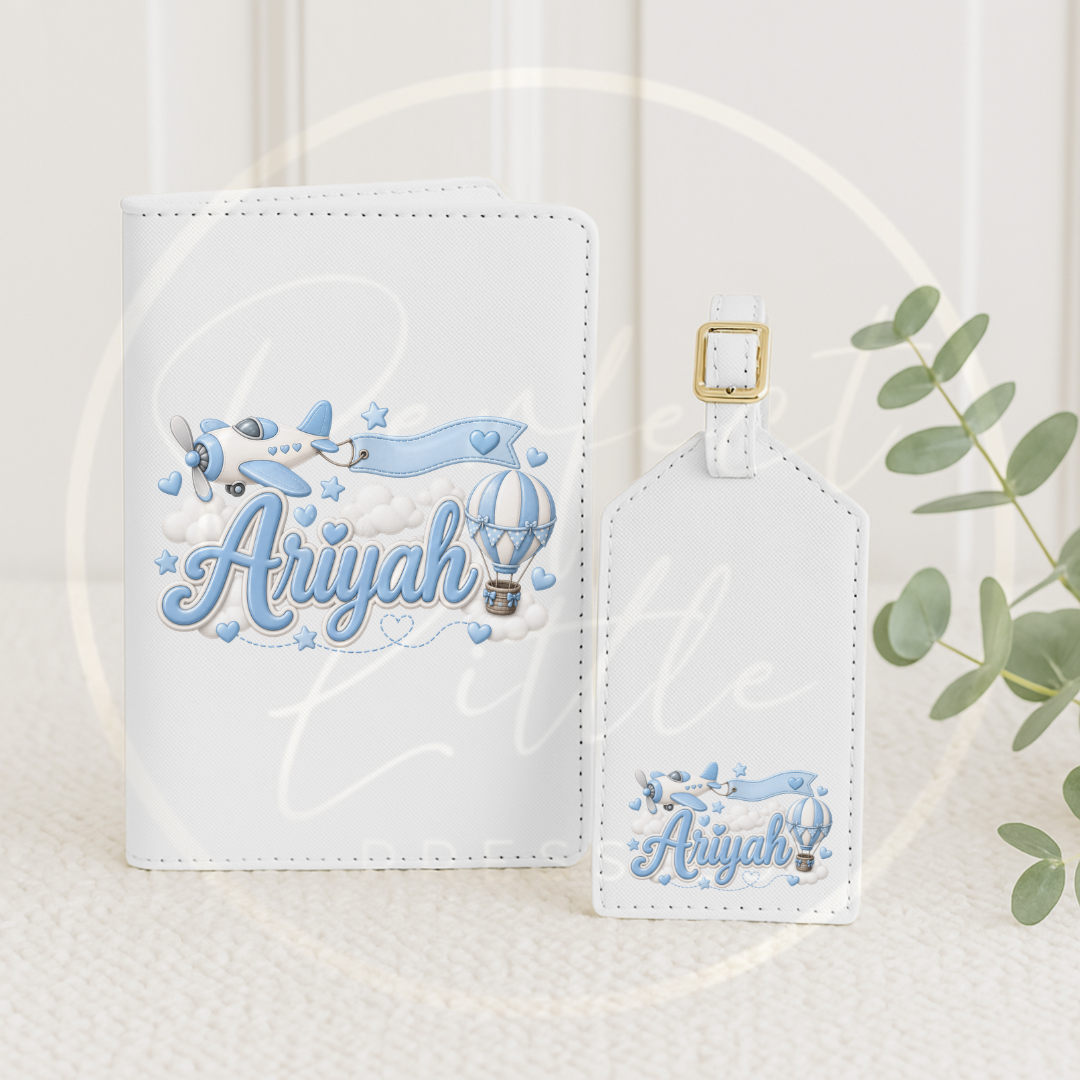 Passport Cover/Luggage Tag Set - Blue Hot Air Balloon