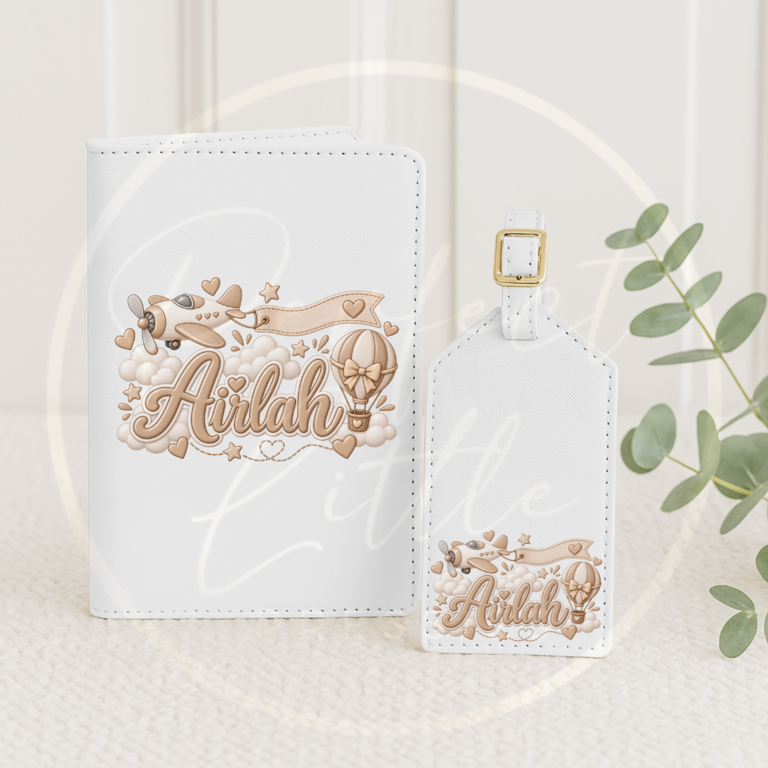 Passport Cover/Luggage Tag Set - Beige Hot Air Balloon