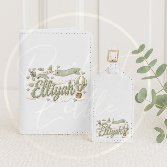 Passport Cover/Luggage Tag Set - Sage Boy Hot Air Balloon