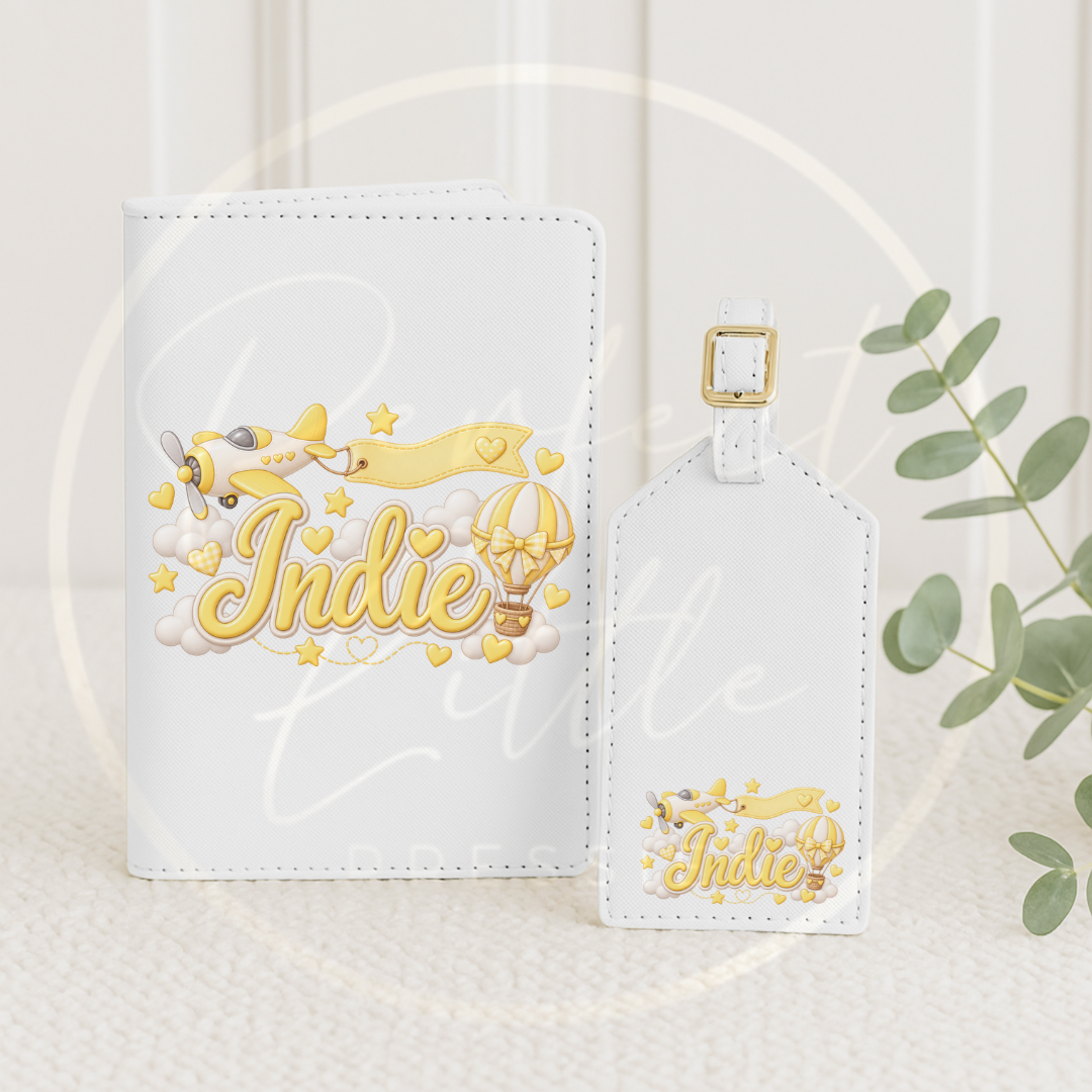 Passport Cover/Luggage Tag Set - Yellow Hot Air Balloon