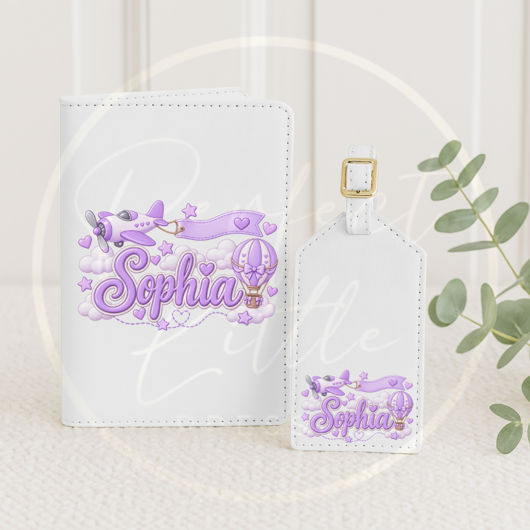 Passport Cover/Luggage Tag Set - Lilac Hot Air Balloon