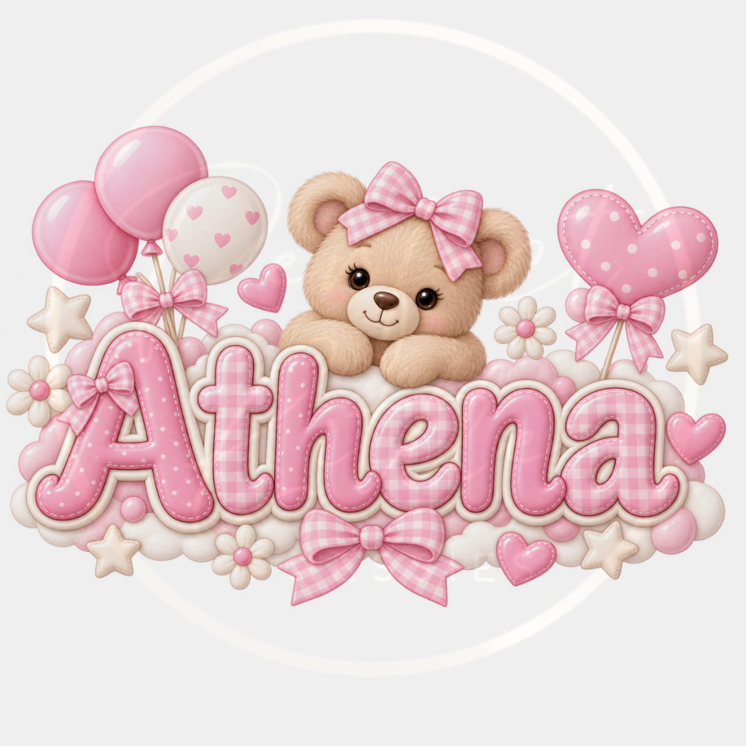 CUSTOM ADHESIVE DECAL - Pink Gingham Cloud Bear