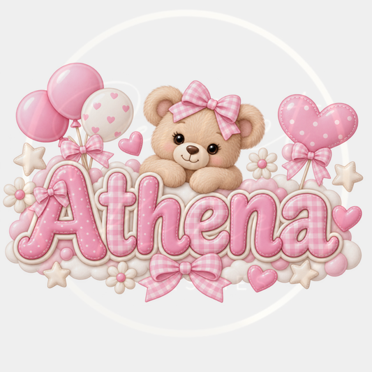 CUSTOM ADHESIVE DECAL - Pink Gingham Cloud Bear