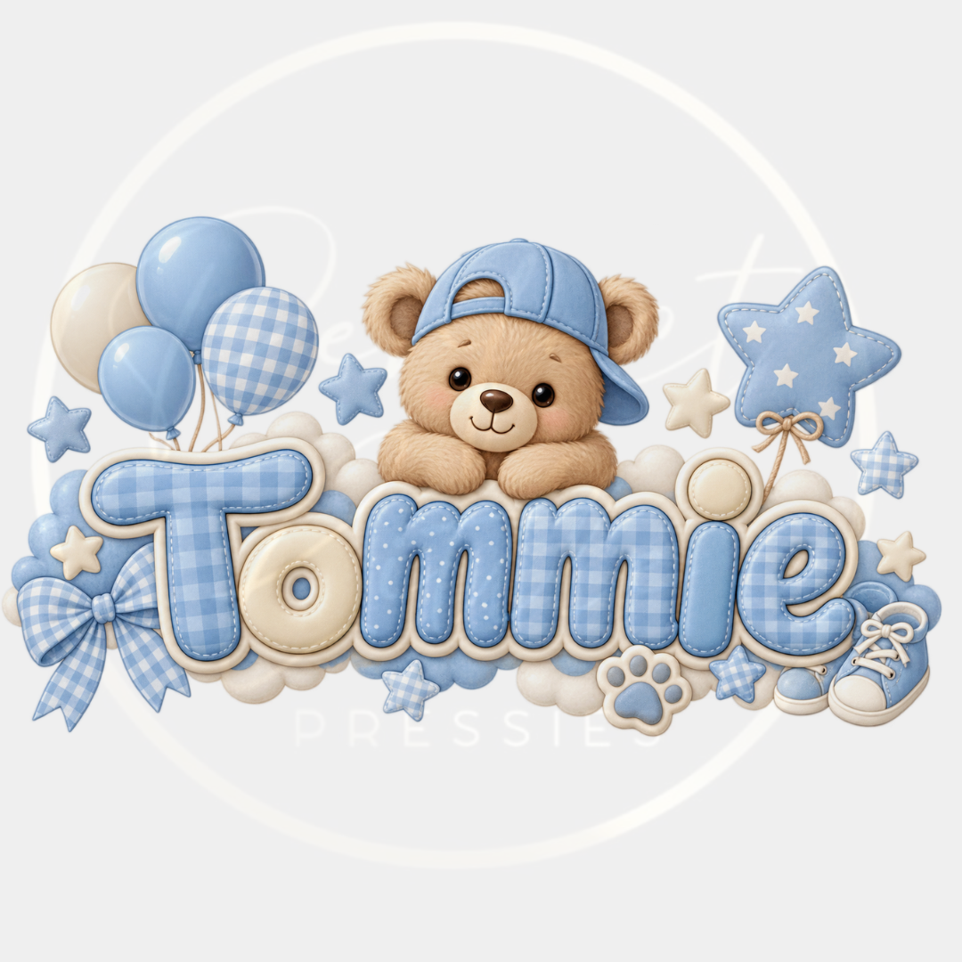 CUSTOM ADHESIVE DECAL - Blue Gingham Cloud Bear