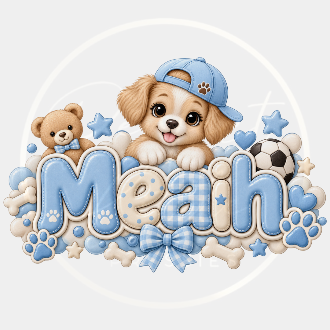 CUSTOM ADHESIVE DECAL - Blue Gingham Puppy