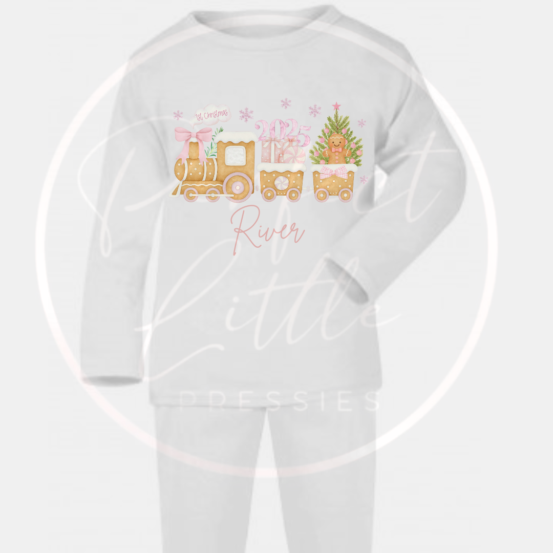 Christmas Baby Pyjamas - Pink 1st Christmas Gingerbread Train