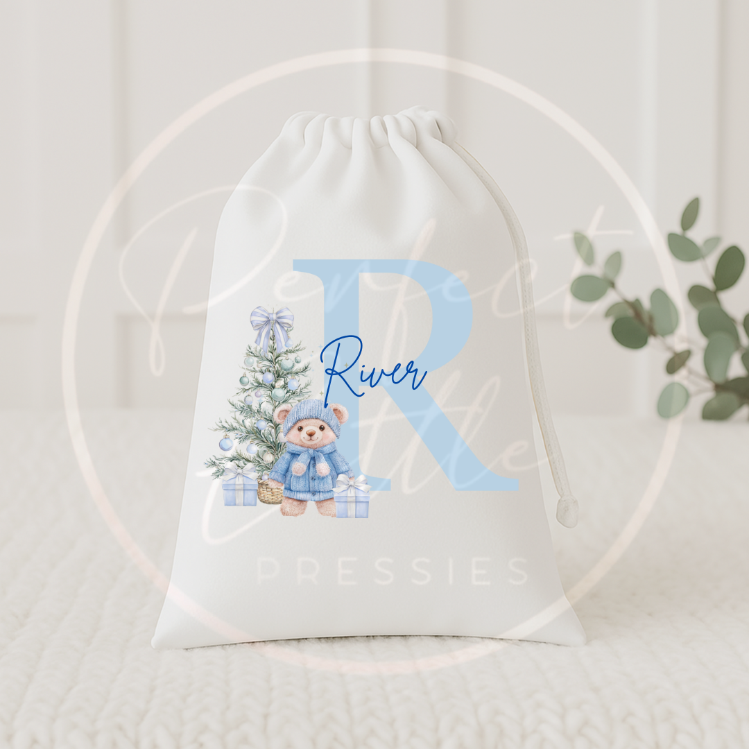 Christmas Drawstring Bag - Blue Bear Tree Initial