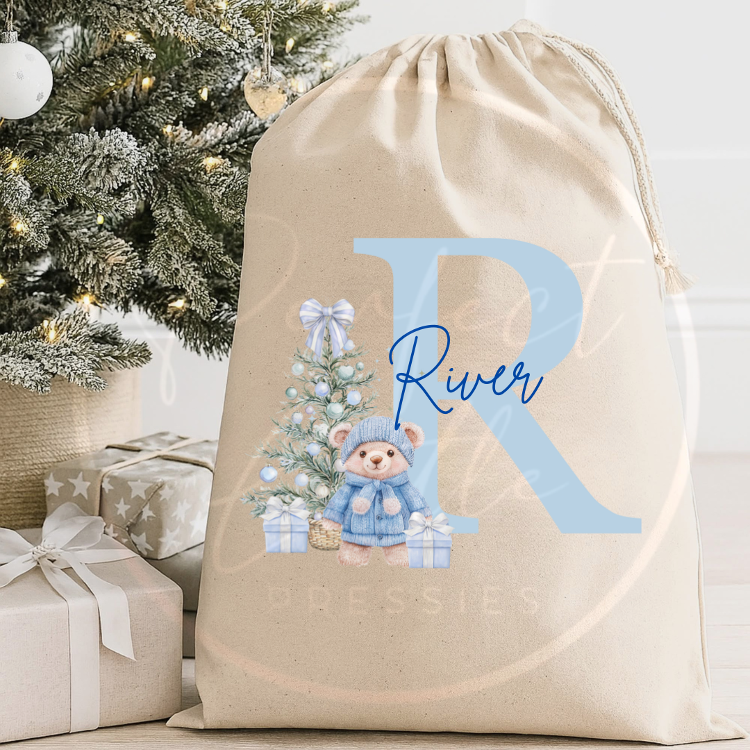 Christmas Sack - Blue Bear Tree Initial