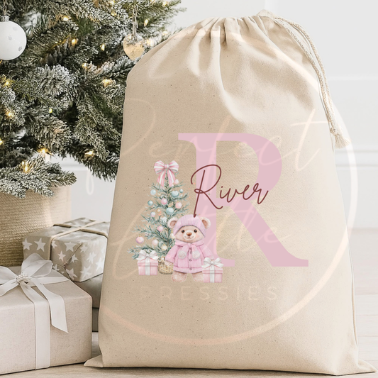 Christmas Sack - Pink Bear Tree Initial