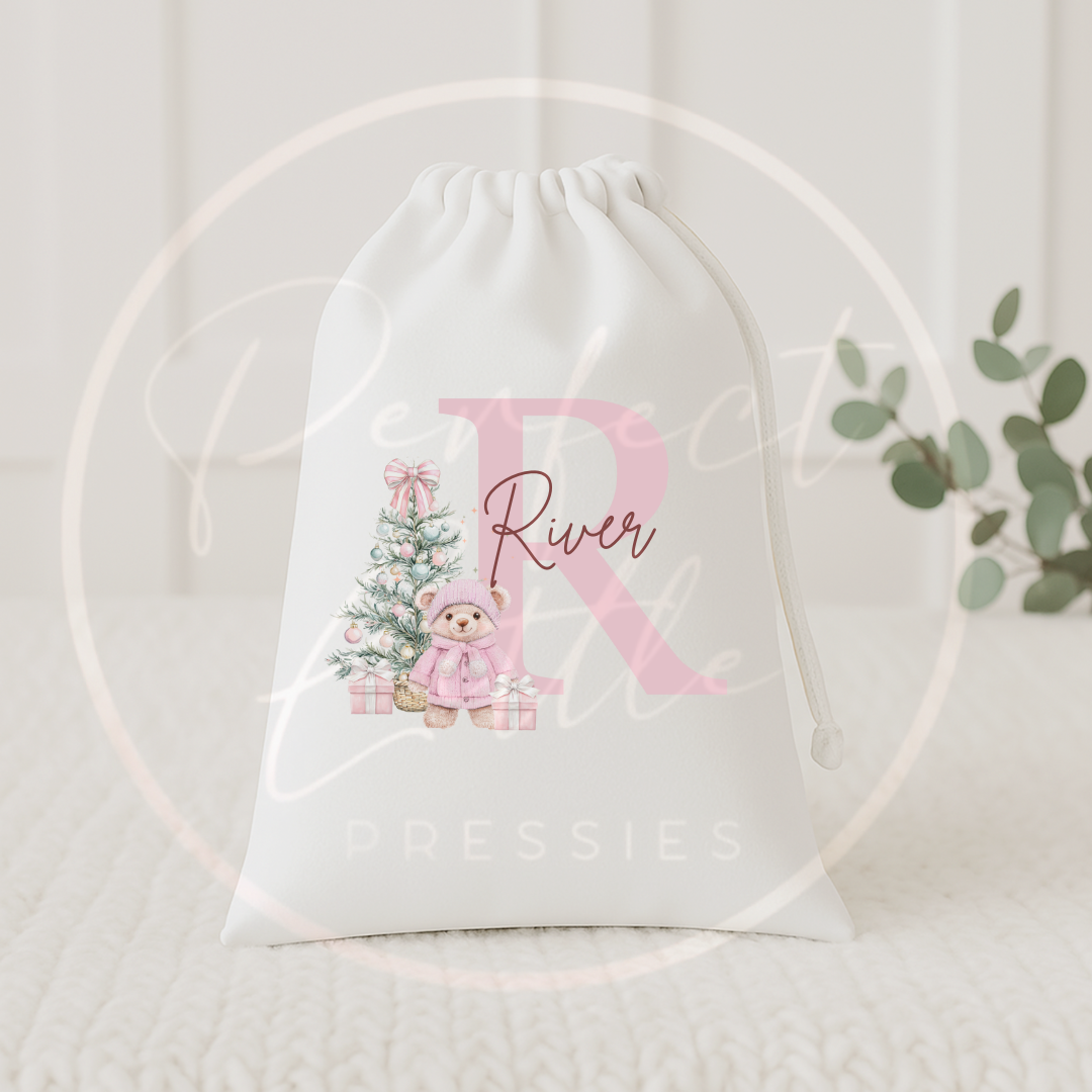 Christmas Drawstring Bag - Pink Bear Tree Initial