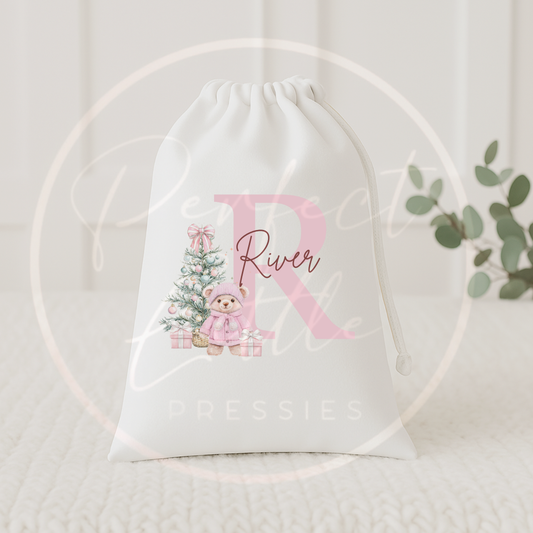 Christmas Drawstring Bag - Pink Bear Tree Initial