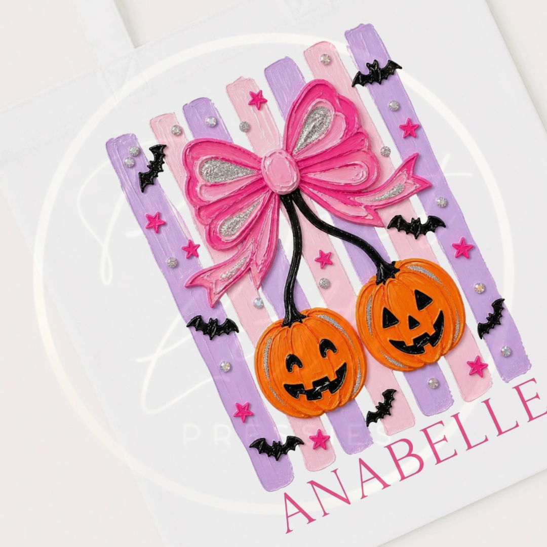 Halloween Tote Bag - Oil Paint Theme Girly Bow Pumpkins