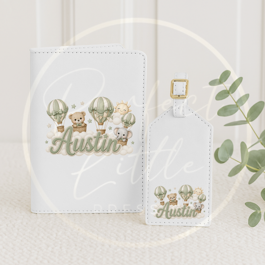 Passport Cover/Luggage Tag Set - Sage Boy Hot Air Balloon