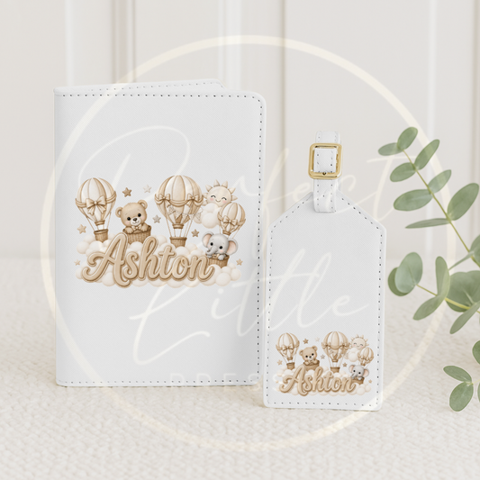 Passport Cover/Luggage Tag Set - Beige Boy Hot Air Balloon