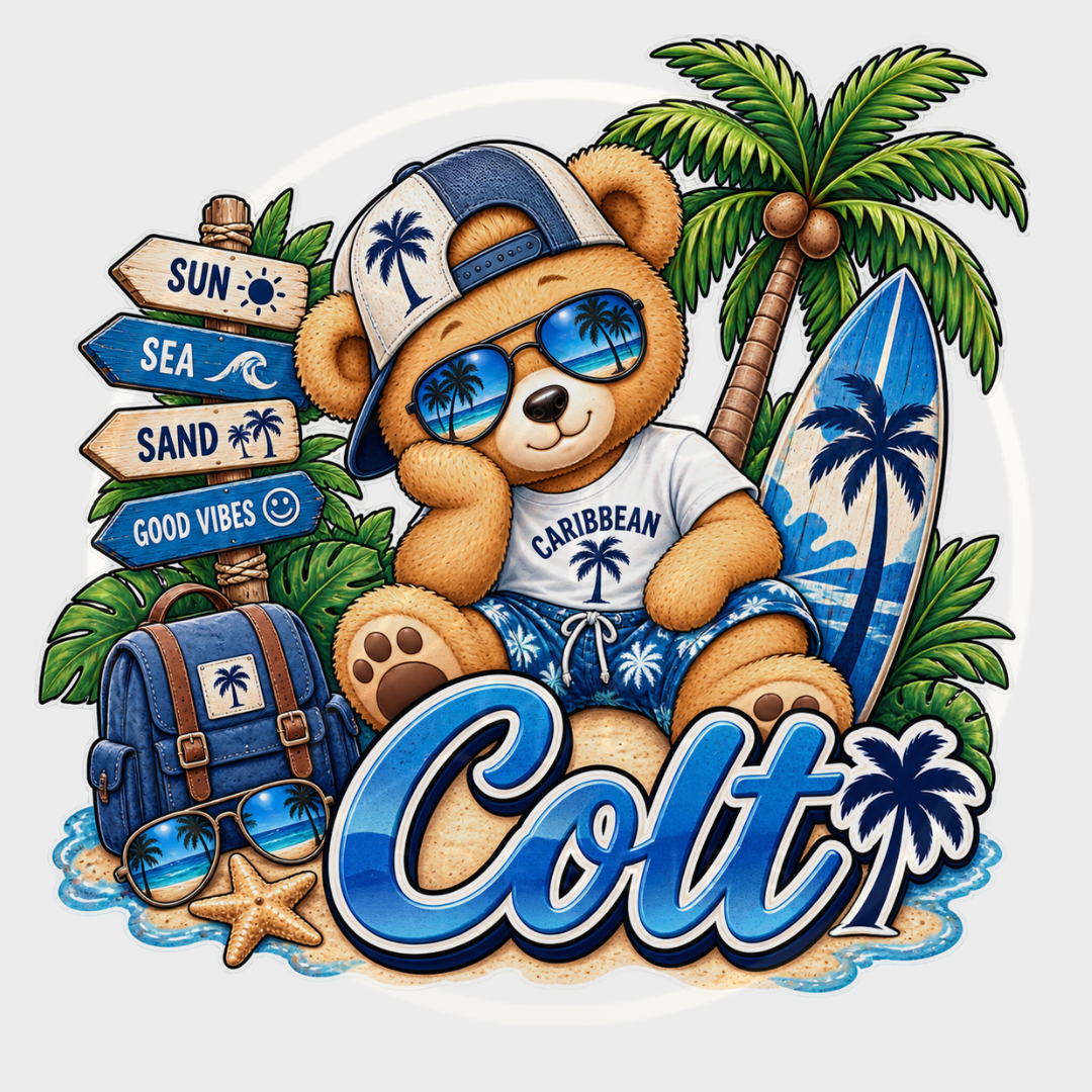CUSTOM ADHESIVE DECAL - Blue Little Caribbean Bear