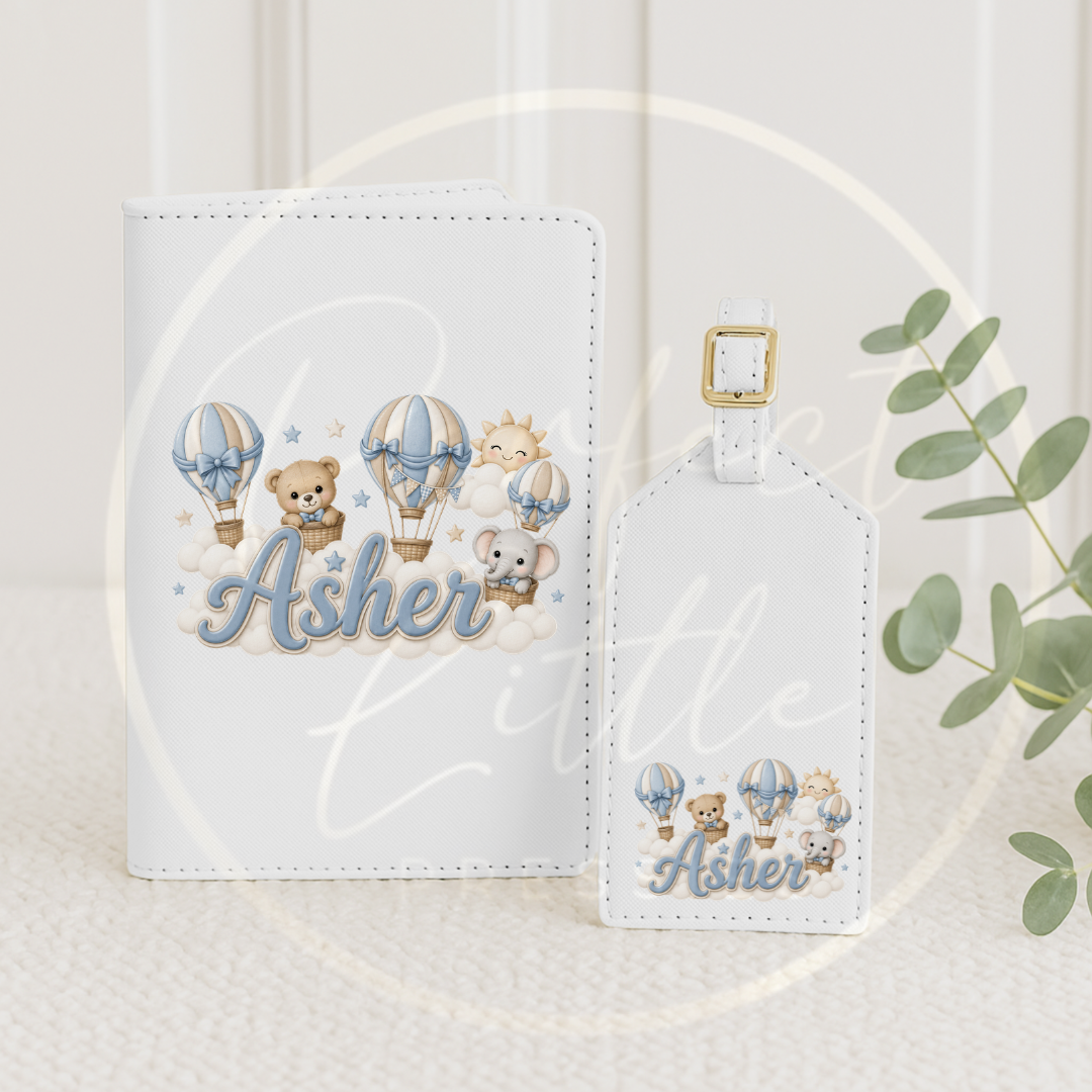 Passport Cover/Luggage Tag Set - Blue Boy Hot Air Balloon