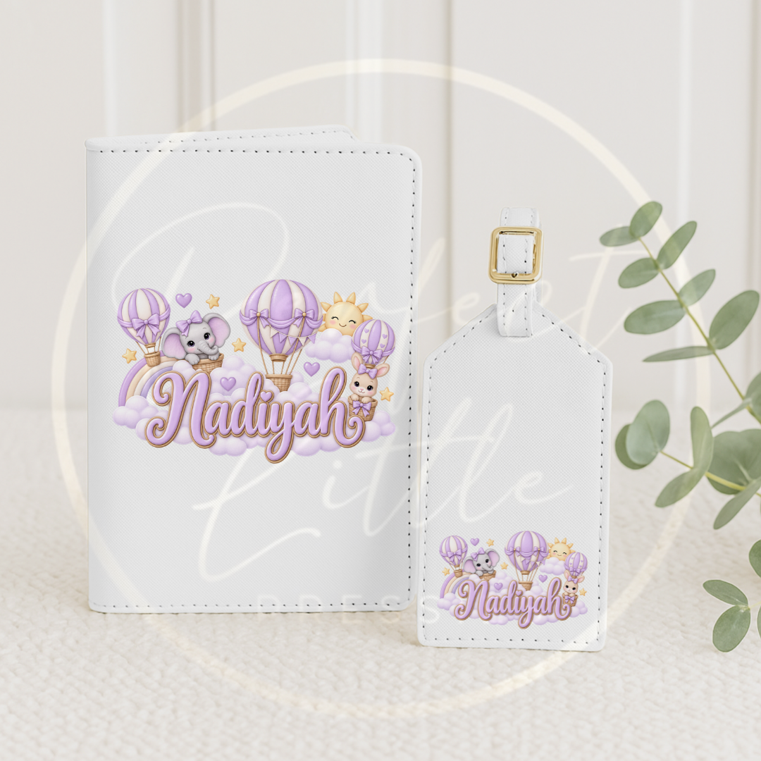Passport Cover/Luggage Tag Set - Lilac Hot Air Balloon