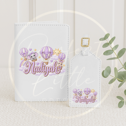 Passport Cover/Luggage Tag Set - Lilac Hot Air Balloon