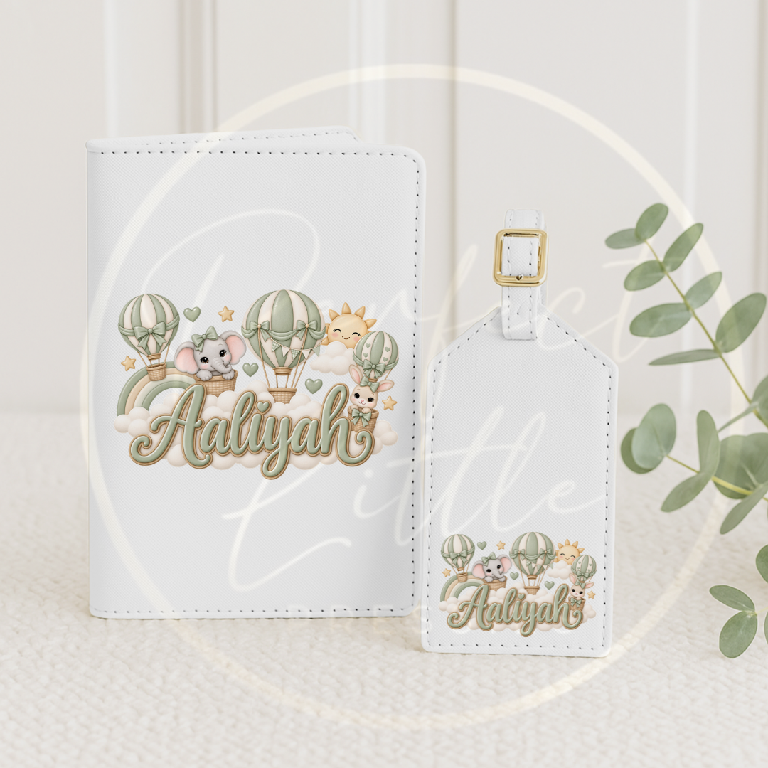 Passport Cover/Luggage Tag Set - Sage Hot Air Balloon