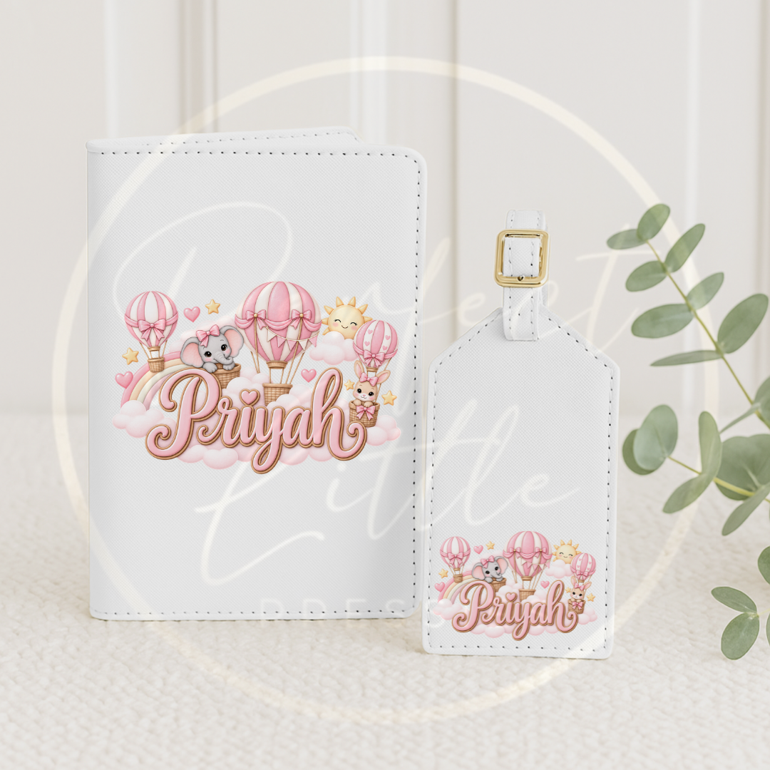 Passport Cover/Luggage Tag Set - Pink Hot Air Balloon