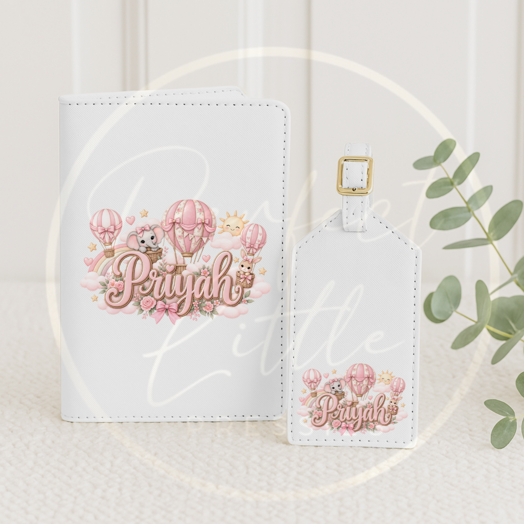 Passport Cover/Luggage Tag Set - Pink Floral Hot Air Balloon