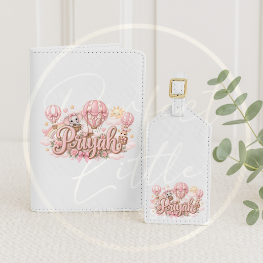 Passport Cover/Luggage Tag Set - Pink Floral Hot Air Balloon