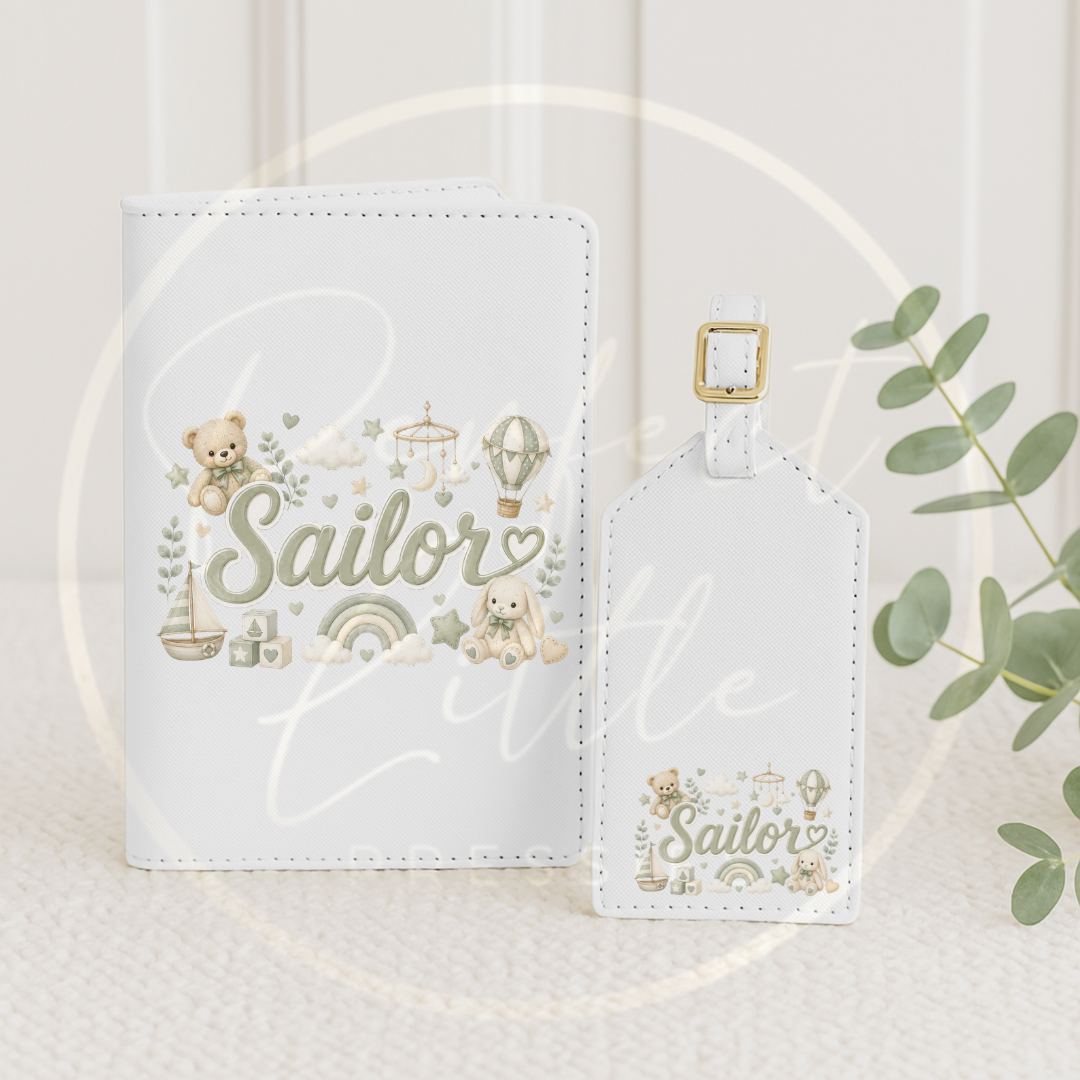 Passport Cover/Luggage Tag Set - Sage Nursery Theme