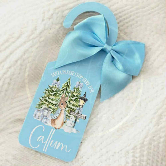 Christmas Door Hanger - Blue Bunny North Pole
