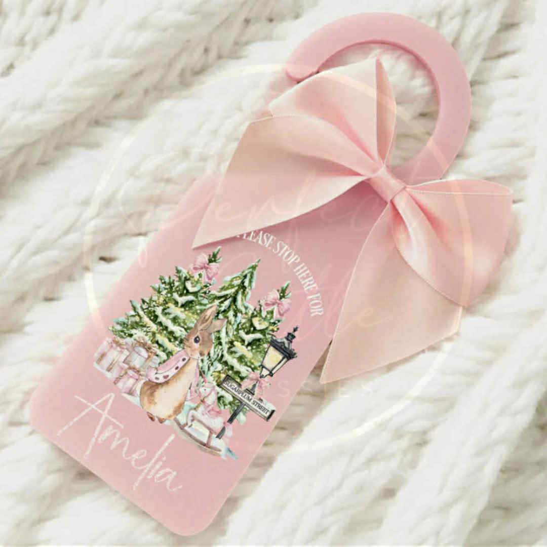 Christmas Door Hanger - Pink Bunny North Pole